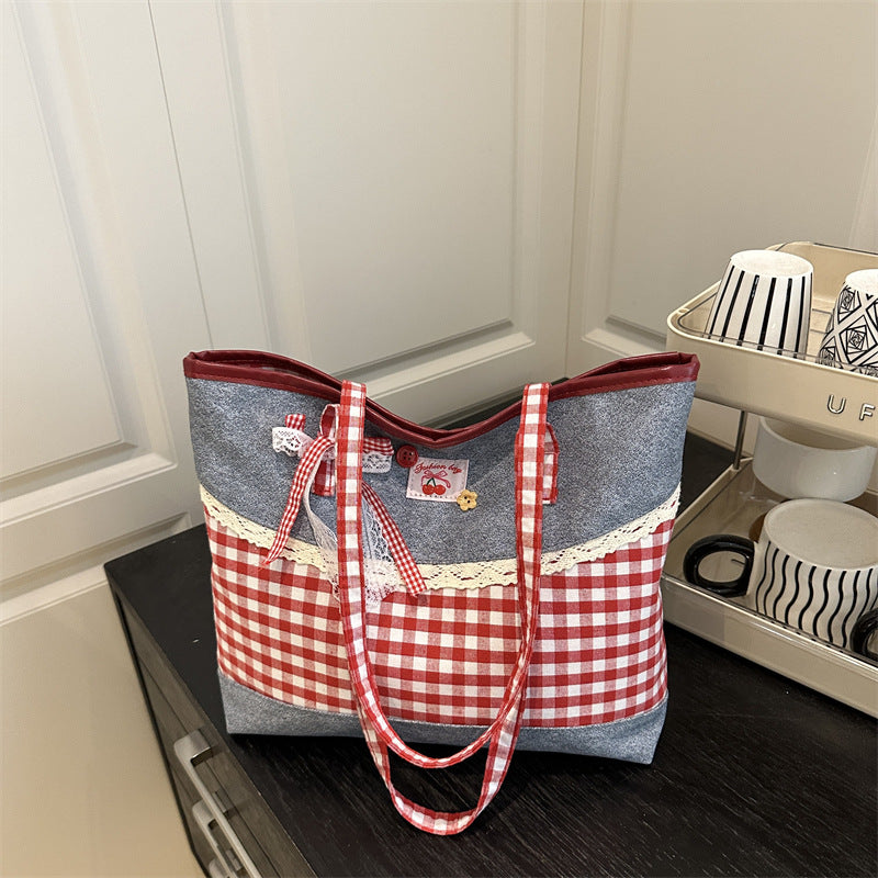 2025 New Korean Style Lace Checkered Tote Bag for Women, Casual Everyday Shoulder Bag with Large Capacity and Fashionable Design