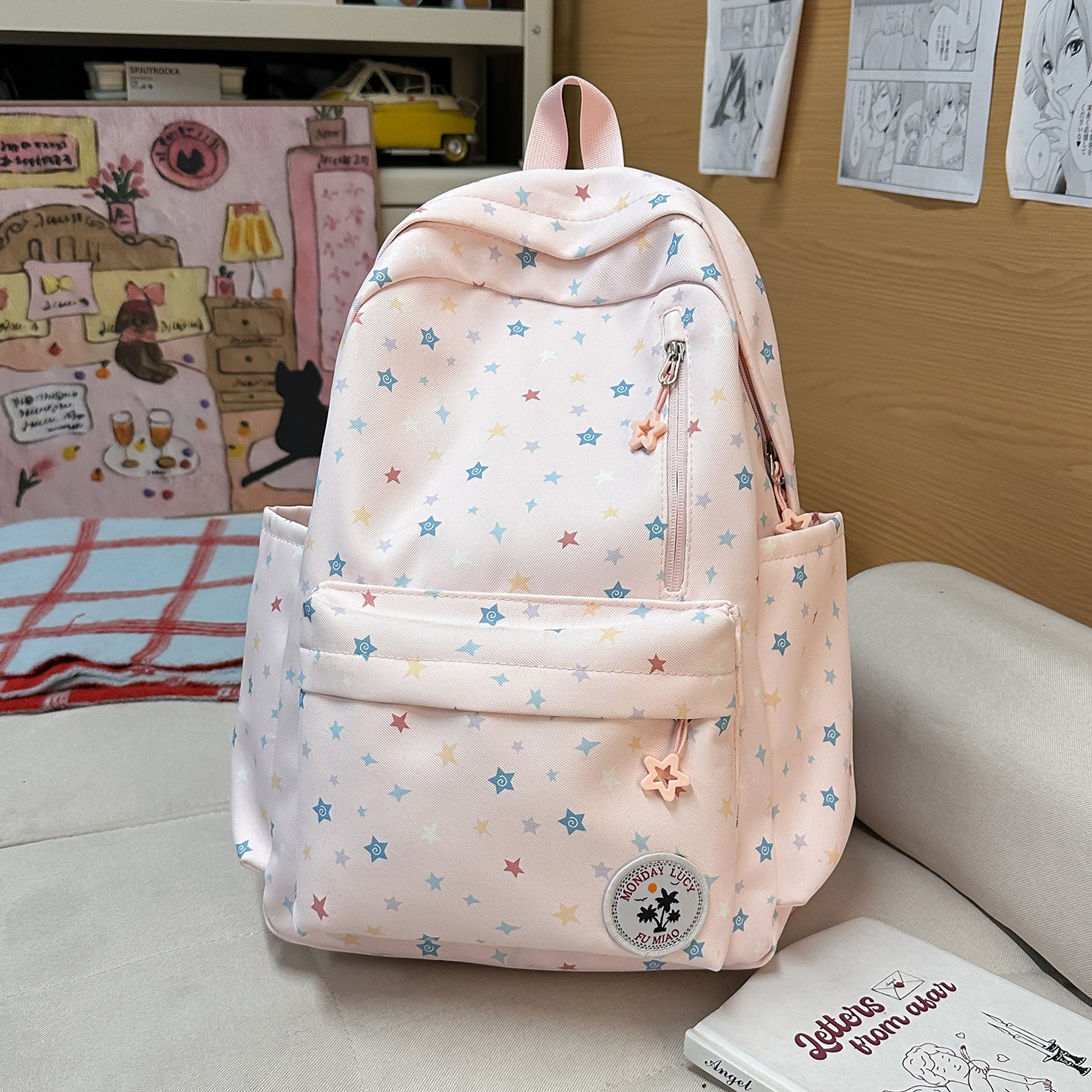 Cute Pastel Star Print Backpack for Girls, Soft Nylon School Bag with Front Pocket and Charm Design, Perfect for Elementary Students