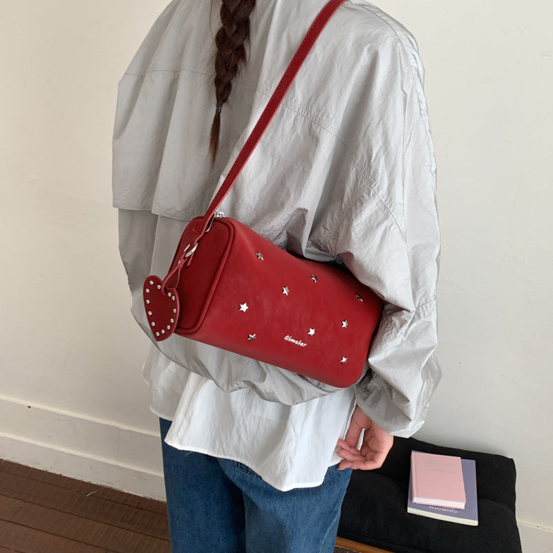 XINGX Rivet Crossbody Bag New Korean Fashion Large Capacity Shoulder Bag with Love Ornaments