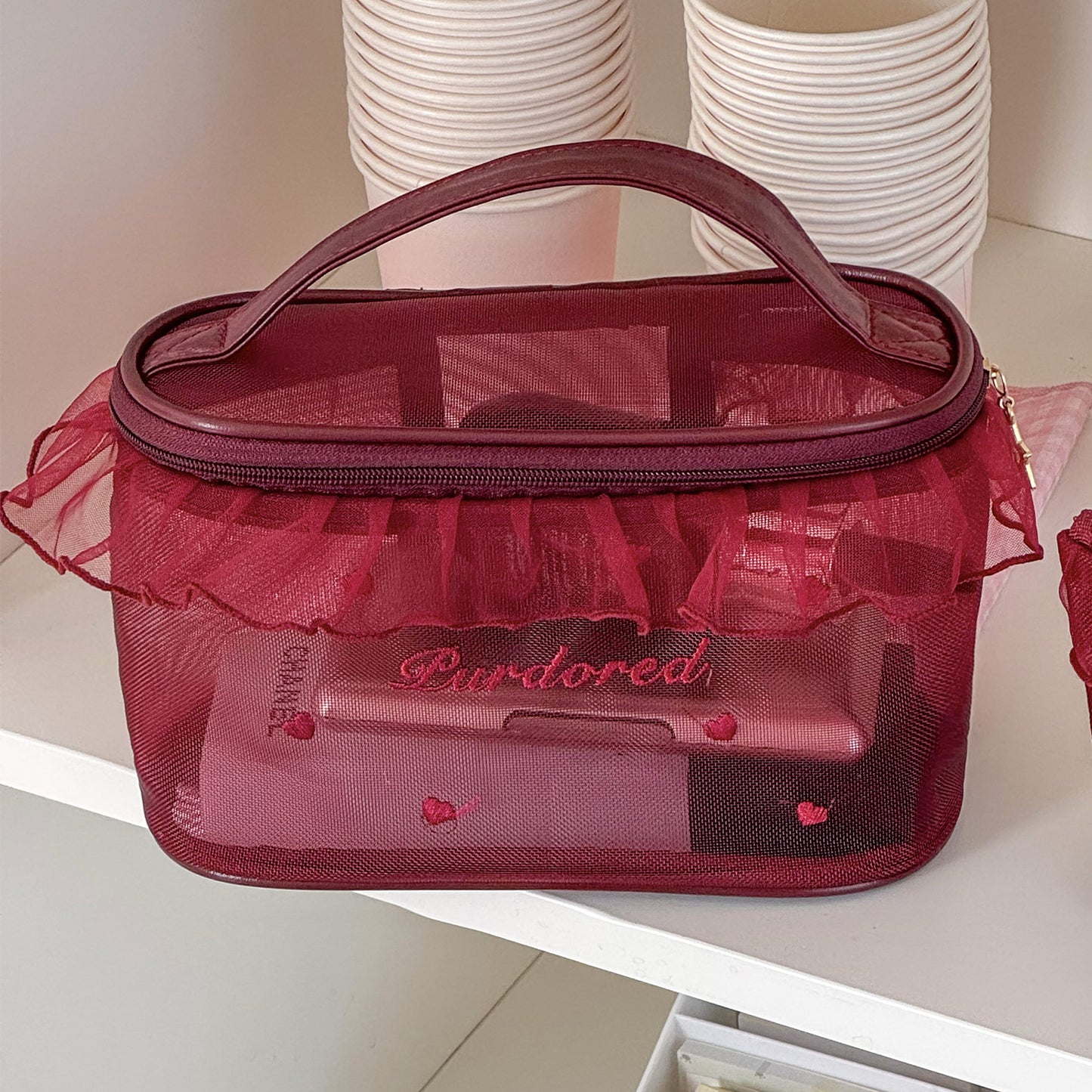 Ruffled Mesh Bag Good-looking Girl's Heart Student Portable Breathable Lipstick Sample Storage Bag