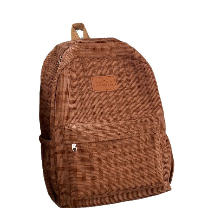 Retro Plaid Corduroy Backpack with Breathable Design for Students, Lightweight and Stylish School Bag with Adjustable Padded Straps