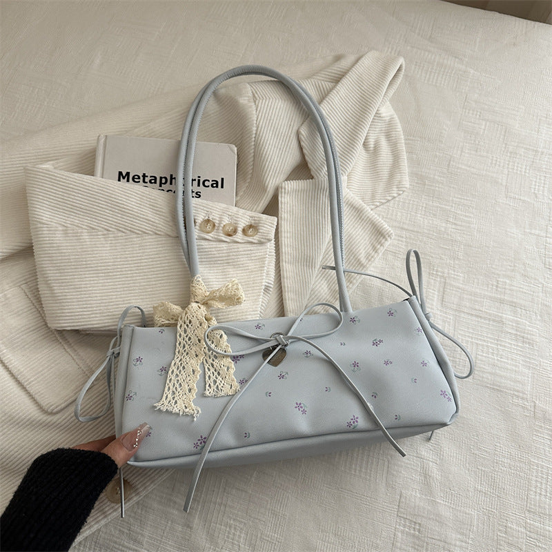 New Fashion Embroidered Handbag for Women Commuter's All-Matching Shoulder Underarm Bow Decoration Baguette Bag