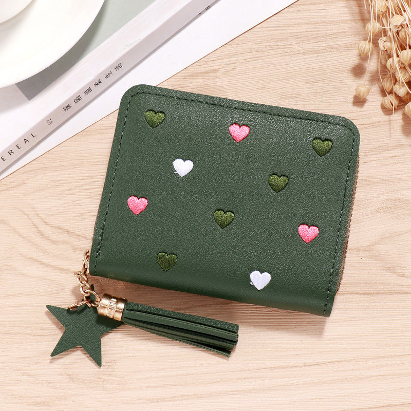 Cute Heart Embroidery PU Wallet for Women with Tassel Charm and Star Pendant, Compact Card Holder for Daily Use