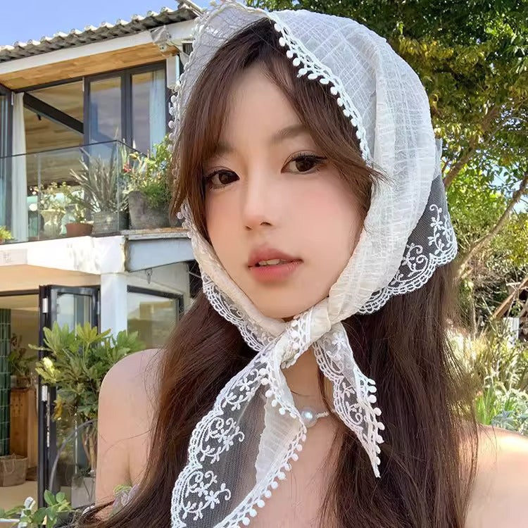 Vintage LaceÈý½Ç Headscarf for Women, Elegant Floral Trim Summer Accessory, Romantic French Style Hair Wrap