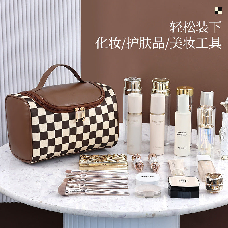 Checkered Hotdog Design Large Capacity Waterproof Cosmetic Bag for Travel and Daily Use