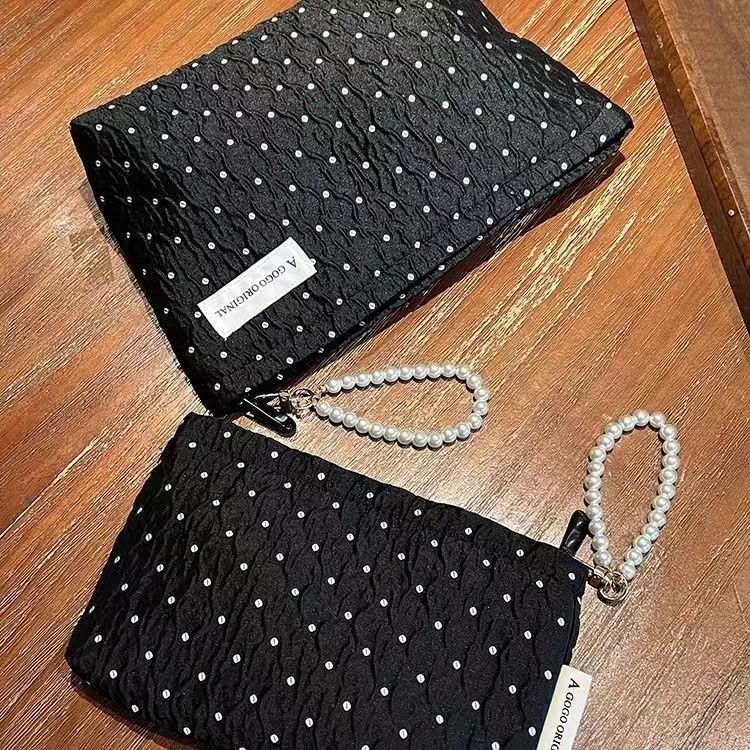 Elegant Polka Dot Clutch with Pearl Chain - Soft Cotton Makeup Bag for Travel and Daily Use