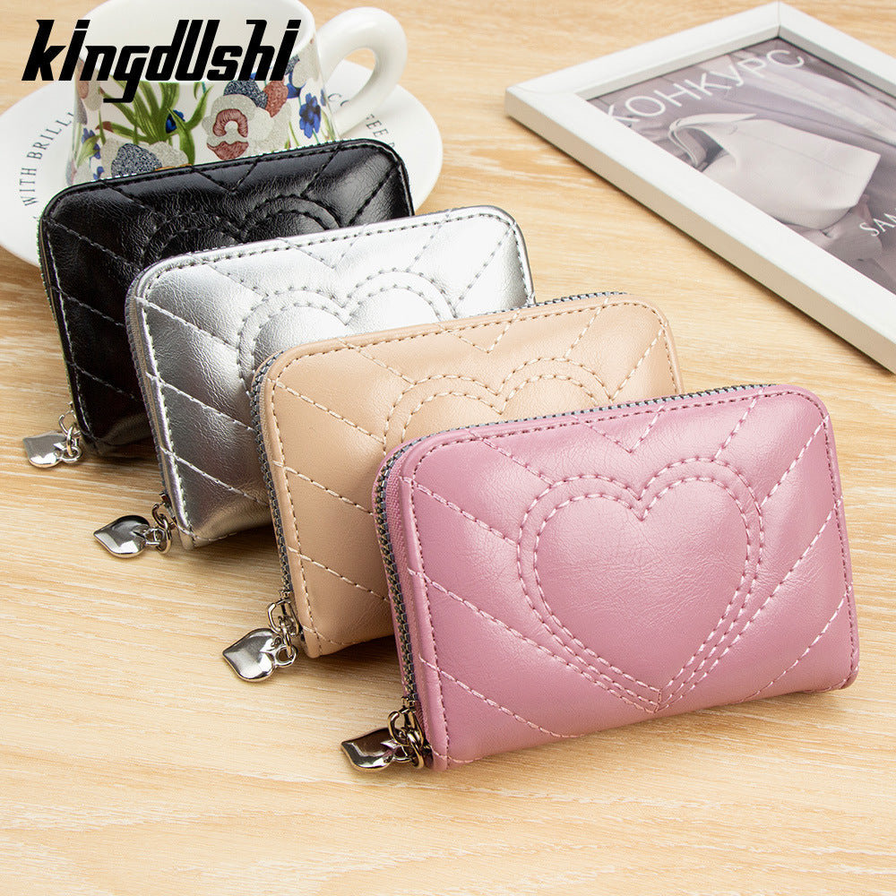 Stylish Heart Embroidery Zipper Card Holder with Multiple Slots and Large Capacity for Daily Use