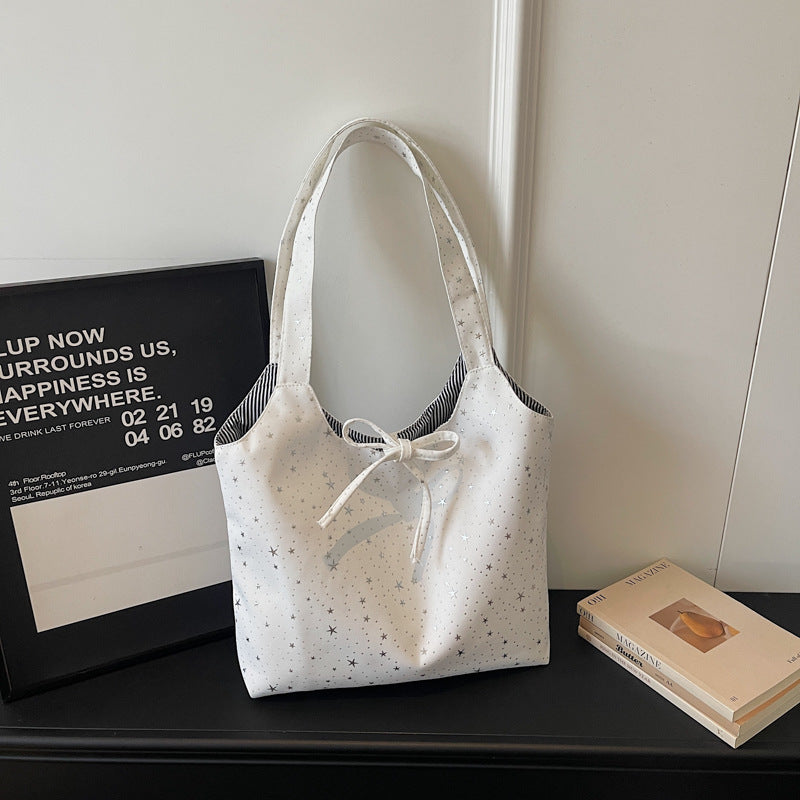 Starry Tote Bag for Women 2026 New Fashion Large Capacity Daily Commute Simple Style Shoulder Bag with Bow and Star Charm