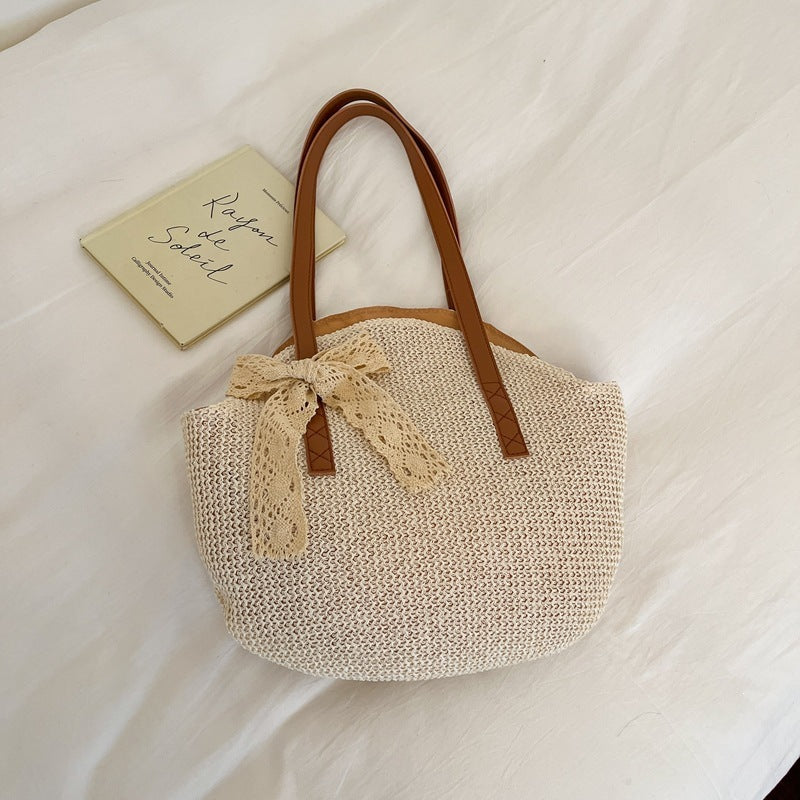 Straw Bag Women's Large Capacity New Summer Solid Color Simple Seaside Holiday Leisure Bag Shoulder Woven Bag