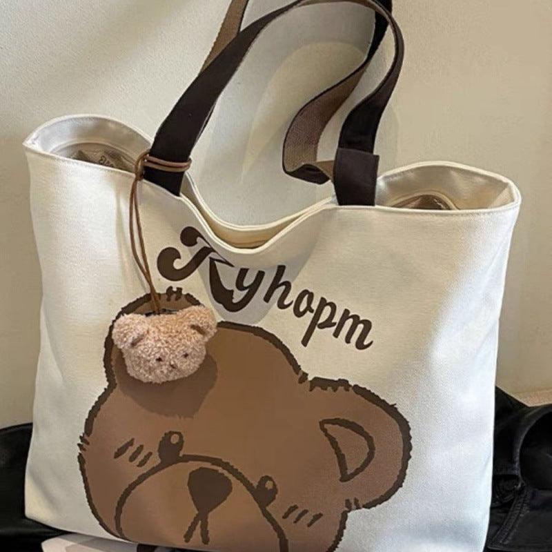 Cute Bear Print Tote Bag with Soft Canvas Material and Double Handles for Daily Use