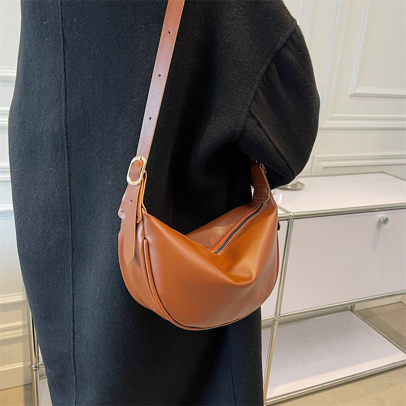 New Trendy Women's Bags Retro Design Soft PU Leather Half-Moon Shoulder Bag Simple Daily Commuter Messenger Bag