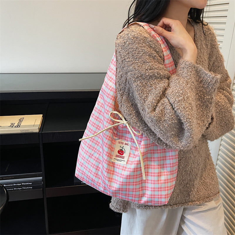 Korean Style Cartoon Tomato Plaid Tote Bag with Large Capacity, Fashionable Crossbody Bag for Students and Daily Use
