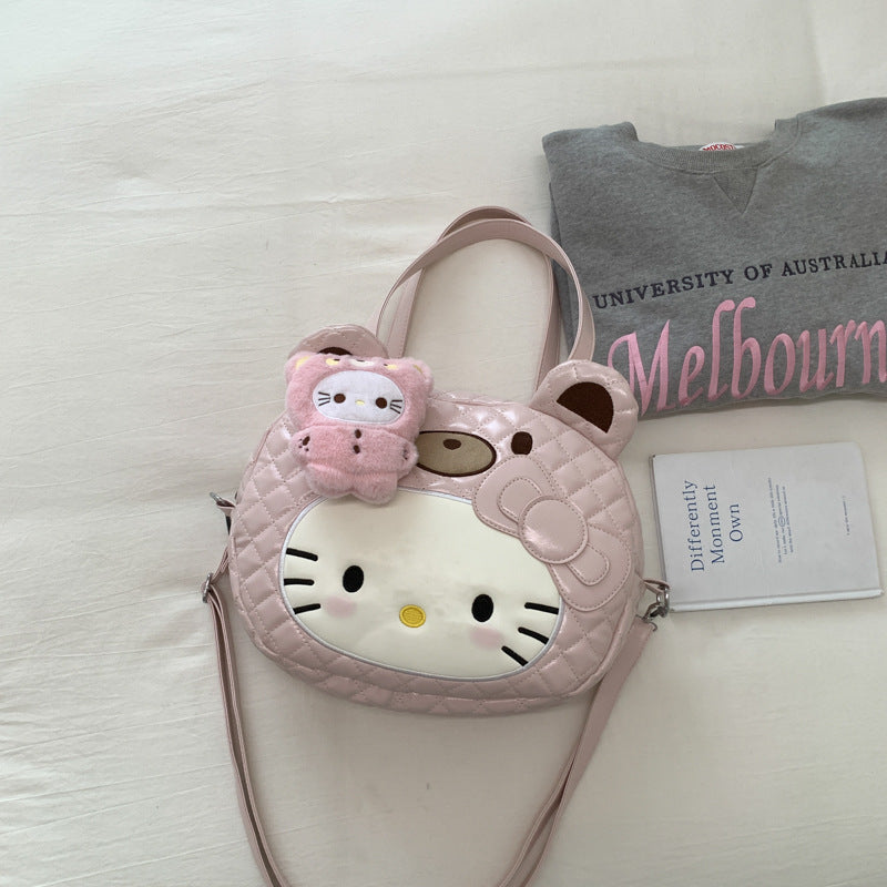 Cute Hello Kitty Quilted Shoulder Bag with Plush Charm, Fashionable and Sweet for Daily Use
