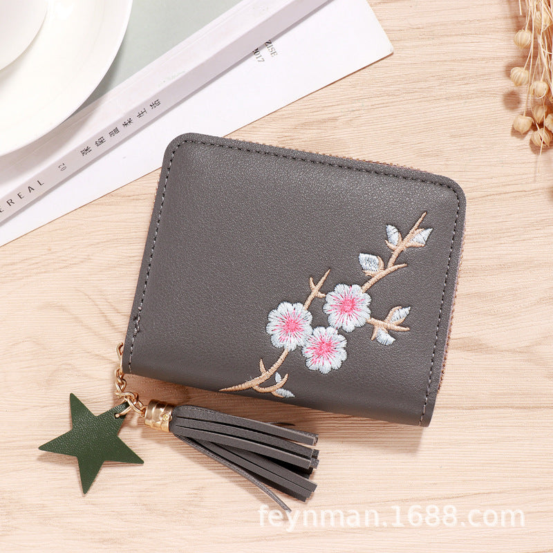 Cute Heart Embroidery PU Wallet for Women with Tassel Charm and Star Pendant, Compact Card Holder for Daily Use