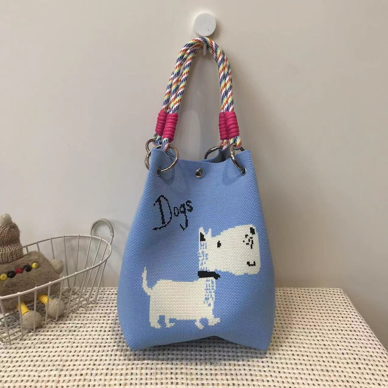 Black and White Rhombus Knitted Tote Bag Women's Casual Versatile Large Capacity Messenger Bag Handbag