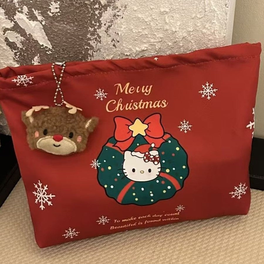 Christmas Theme Kitty Cat Large Capacity Makeup Cosmetic Bag Liner Bag Portable Storage Bag