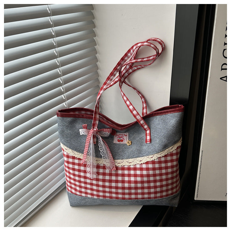 2025 New Korean Style Lace Checkered Tote Bag for Women, Casual Everyday Shoulder Bag with Large Capacity and Fashionable Design