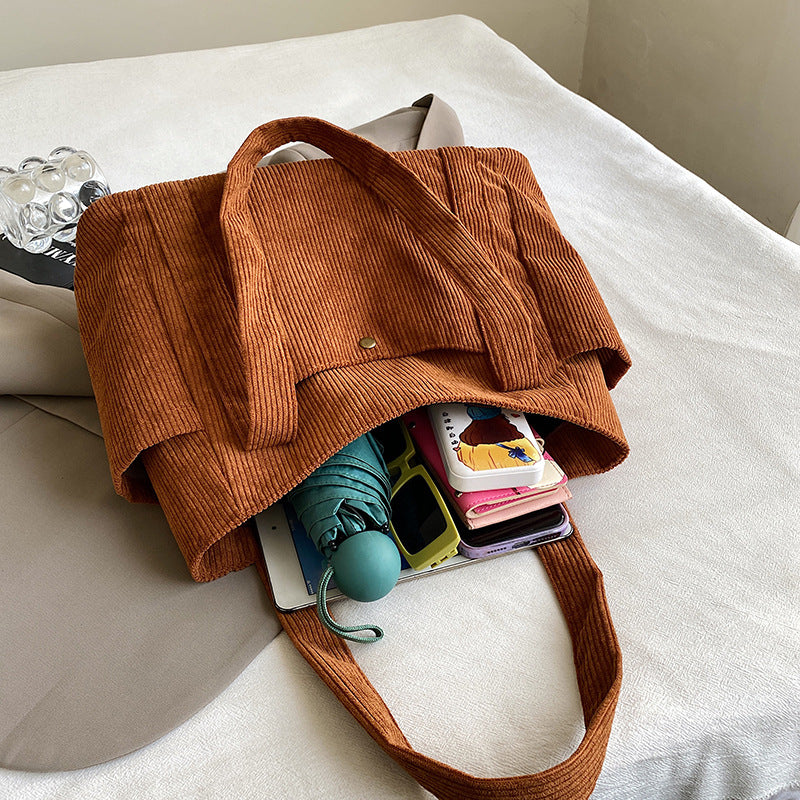 2024 New Corduroy Tote Bag for Women, Large Capacity Daily Commute Shoulder Bag with Multiple Pockets and Stylish Stitching Design