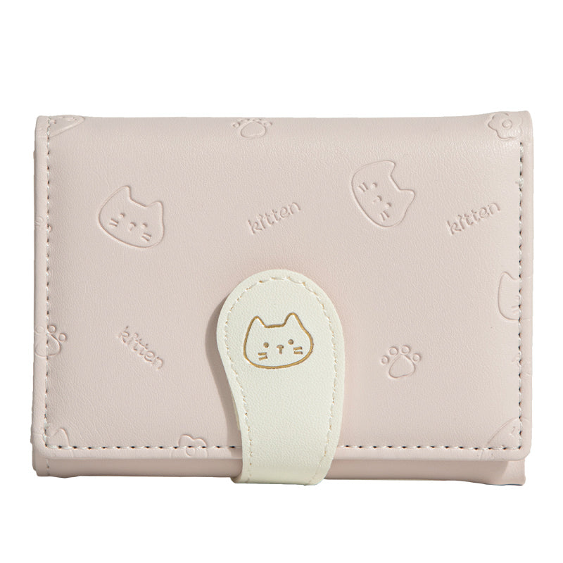 Cat Tail Cute Ladies Card Holder Fashion Buckle Cartoon Printed Pu Short Tri-Fold Coin Purse Wallet