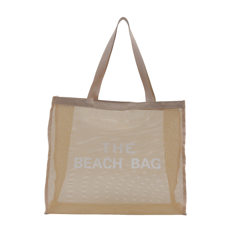 Stylish Mesh Tote Bag with Lettering Design for Beach, Gym, and Daily Use - Large Capacity and Ventilated