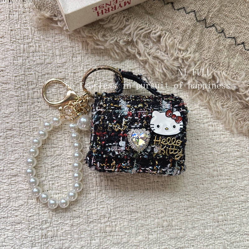 Korean Style New Retro Dots Cartoon Cat Lipstick Pack Pearl Exquisite High Sense Versatile Pendant Keychain for Women