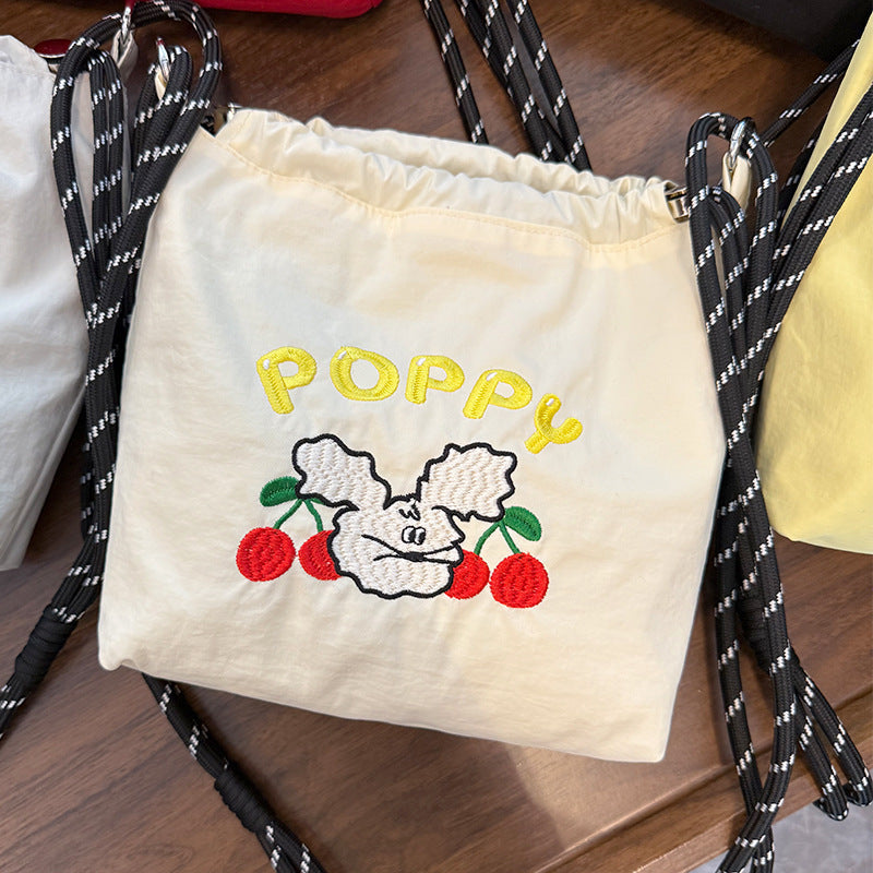 Cute Embroidered Drawstring Bag with Adorable Dog Design, Fashionable Nylon Crossbody Bag for Daily Use