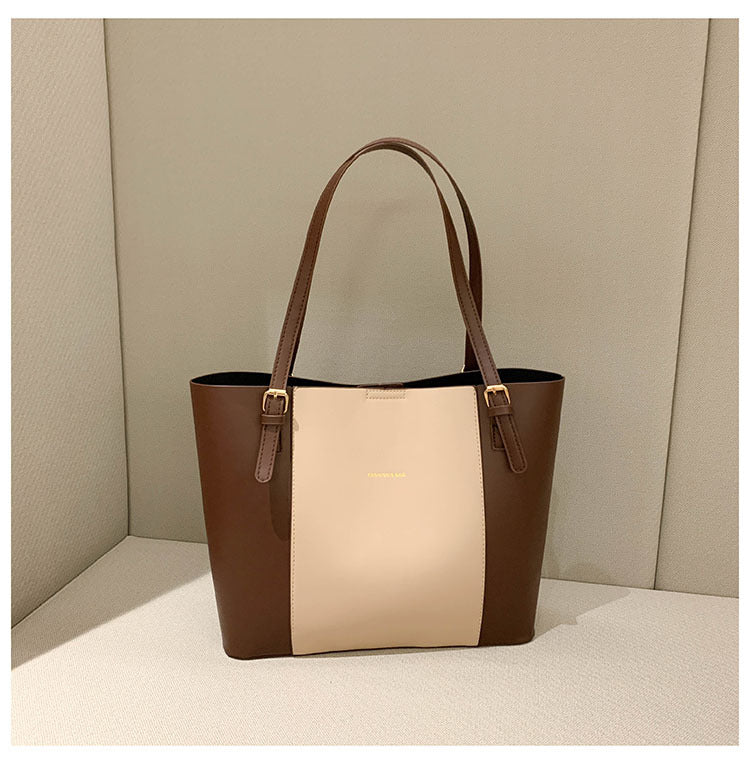 Women's Simple Color Contrast Patchwork Pu Tote Bag Large Capacity Daily Commuter's All-Matching Portable Shoulder Bag