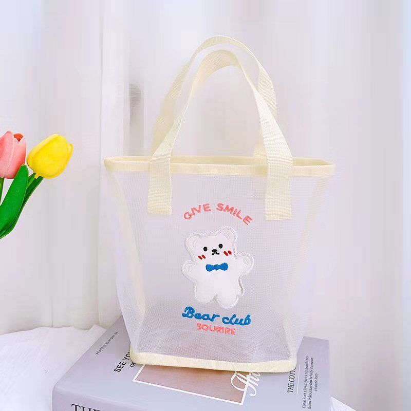 Cute Bear Embroidered Transparent Mesh Tote Bag for Daily Use and Beach Outings