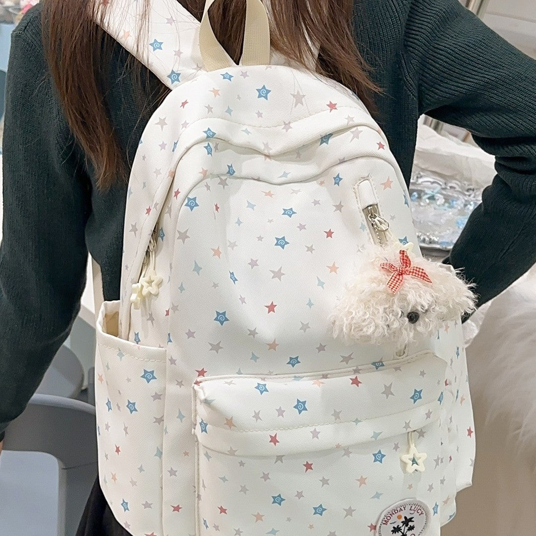Cute Pastel Star Print Backpack for Girls, Soft Nylon School Bag with Front Pocket and Charm Design, Perfect for Elementary Students