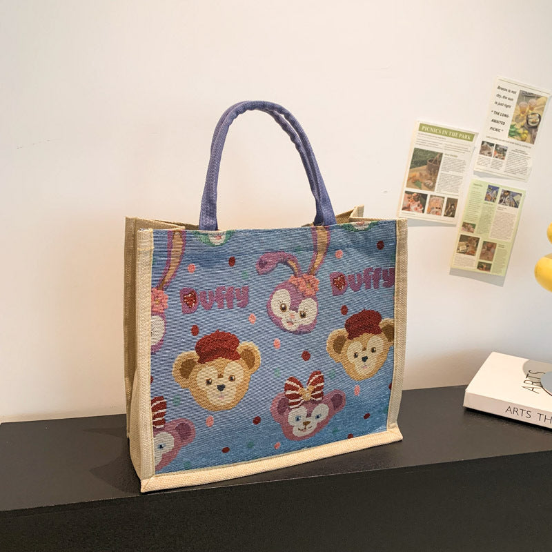 Cute Printed Cotton and Linen Women's Handbag with Duffy Character Pattern Large Capacity Buggy Bag