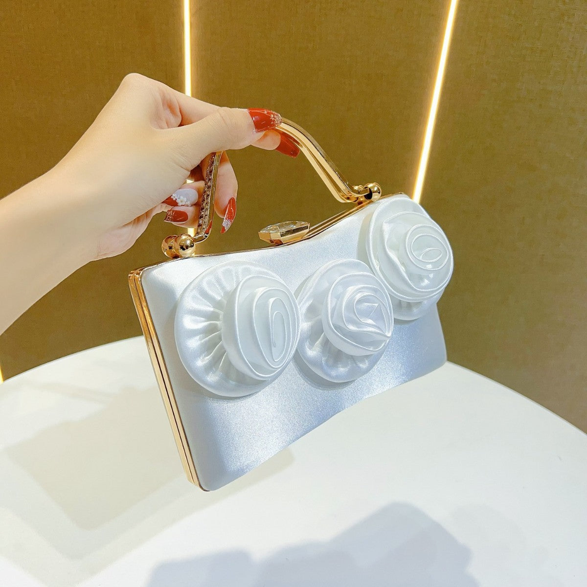 Elegant Floral Satin Clutch Bag with Gold Handle for Party and Evening Events