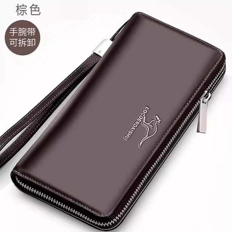 Stylish Men's Long Wallet with Multiple Card Slots, Waterproof PU Leather, Zipper Closure and Wrist Strap for Business Travel