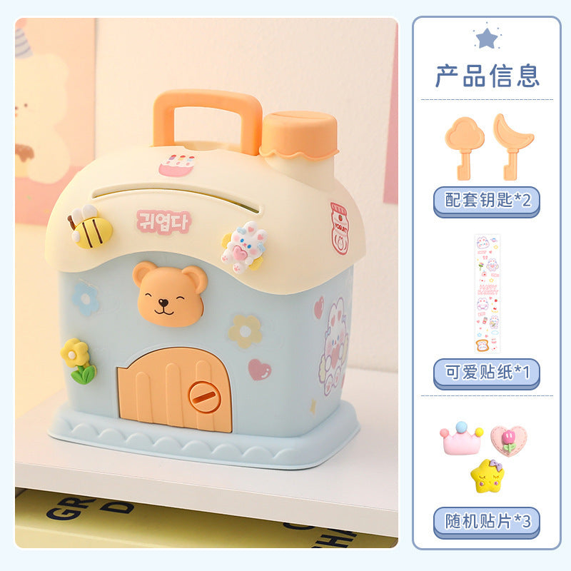 Cute Cartoon Bear House Money Bank with Key and Stickers for Kids - Creative Piggy Bank for Boys and Girls