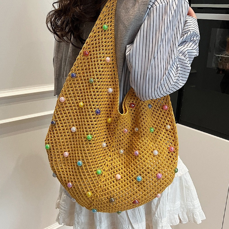Holiday One-Shoulder Women's Color Knitted New Large Capacity Sense Hollow Pearl Beach Bag