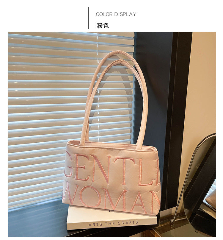 Elegant Embroidered Letter Tote Bag for Women, Stylish Satin Design with Double Handles and Zipper Closure