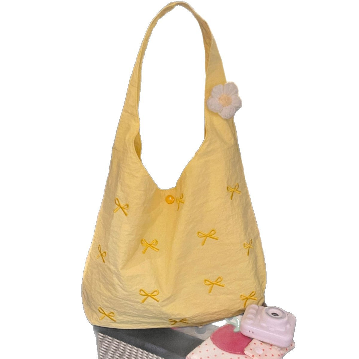 Stylish Embroidered Tote Bag with Bow Details - Large Capacity Shoulder Bag for Daily Use and Travel