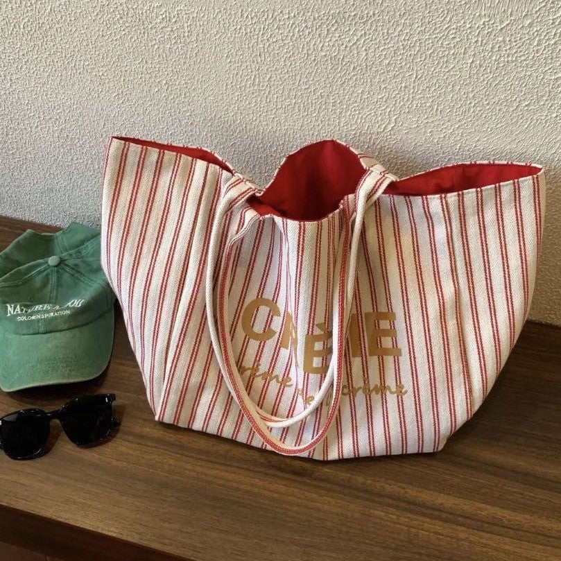 Stylish Striped Tote Bag 2025 Spring Fashion Canvas Shoulder Bag with Gold Lettering and Spacious Design for Daily Use