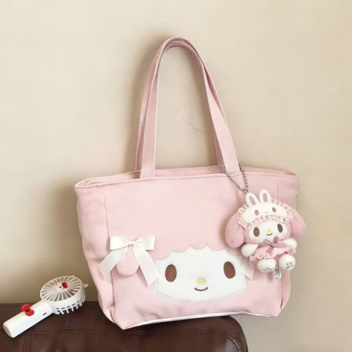 Cute Cartoon Tote Bag with Embroidered Design, Large Capacity Canvas Shoulder Bag for Daily Use