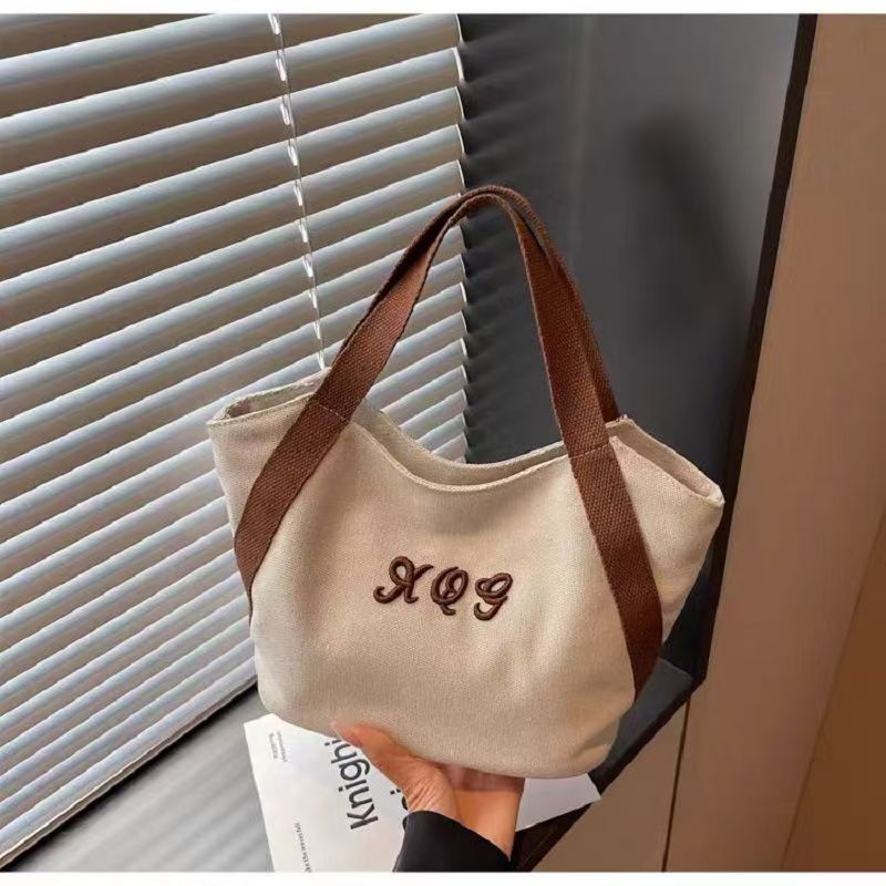 2025 New Simple Canvas Tote Bag with Embroidery Design for Daily Commute and Lunch Carry