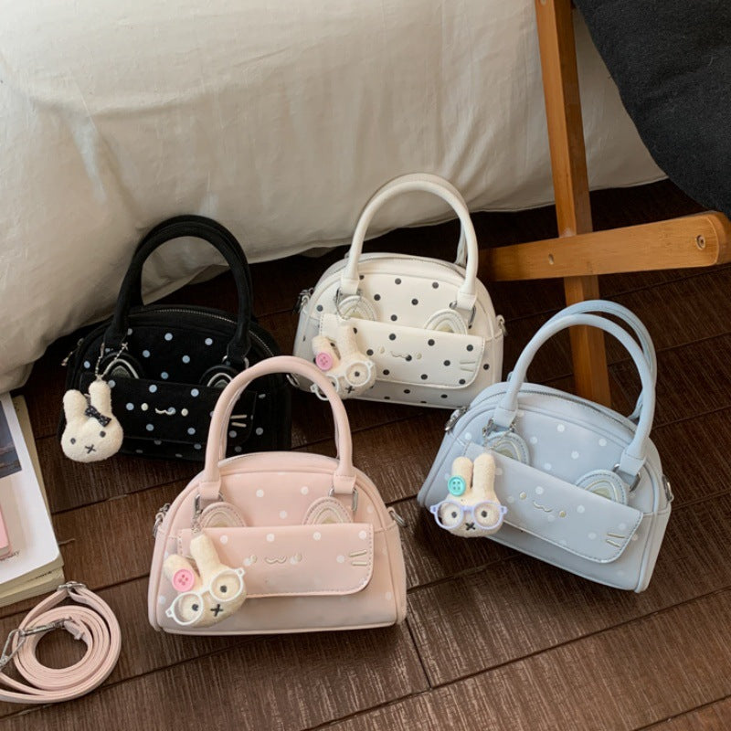 Cute Polka Dot Boston Bag with Embroidered Ears and Charm Pendant, Fashionable Crossbody Handbag for Women
