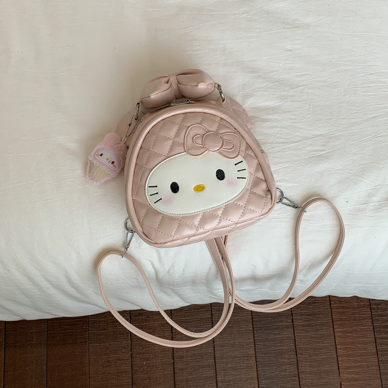 Cute Hello Kitty Quilted Backpack with Bow and Ice Cream Charm, Perfect for Daily Use and Outings