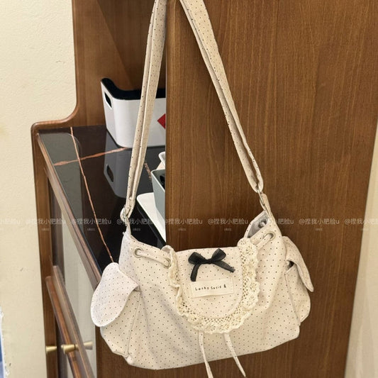 Korean Cute Polka Dot Shoulder Bag with Lace Trim and Bow Detail, Drawstring Flap Design for Daily Use
