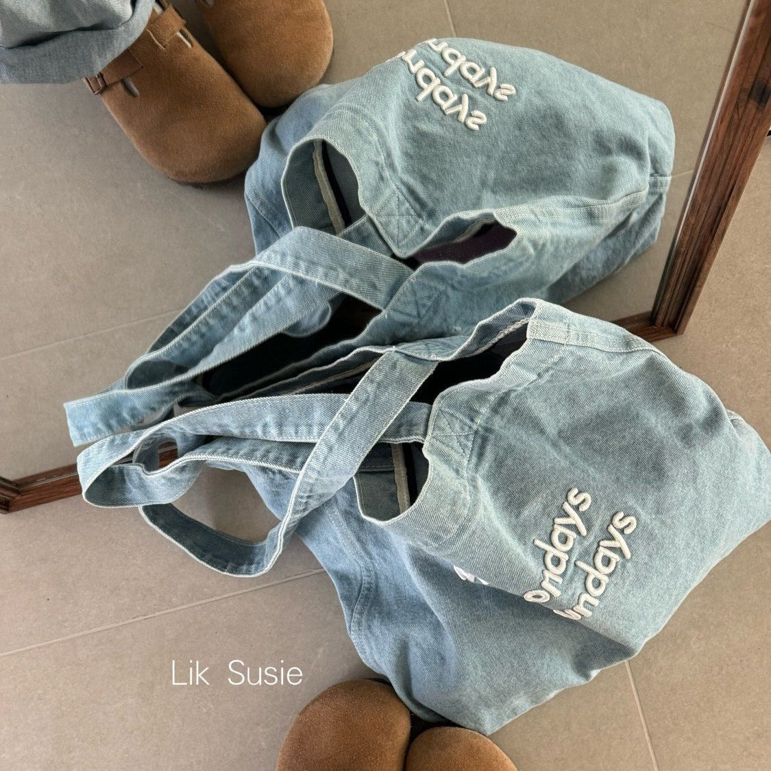 Retro American Denim Tote Bag with Embroidered Quote, Casual Daily Shoulder Bag for Students and Commuters