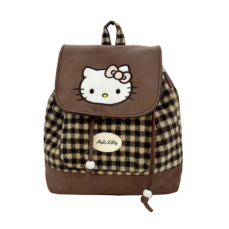 Cute Cat Flip Backpack Plaid Large Capacity Girls Schoolbag Suitable for Campus and Travel