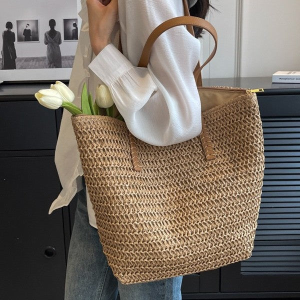 Summer Beach Straw Tote Bag Women's Casual Woven Shoulder Bag with Zipper Pocket for Daily Use