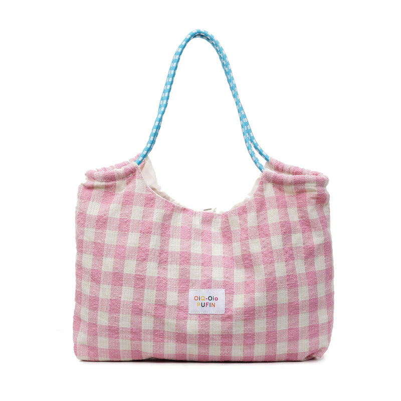 Korean-style laid-back patterned canvas tote bag, large capacity, fashionable and versatile for commuting, work, or everyday use.