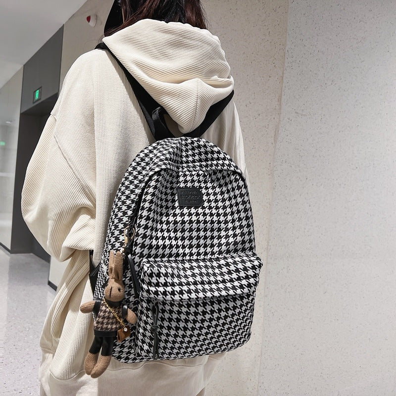 Stylish Houndstooth Backpack for Women - Lightweight, Durable & Spacious Design with Cute Rabbit Charm