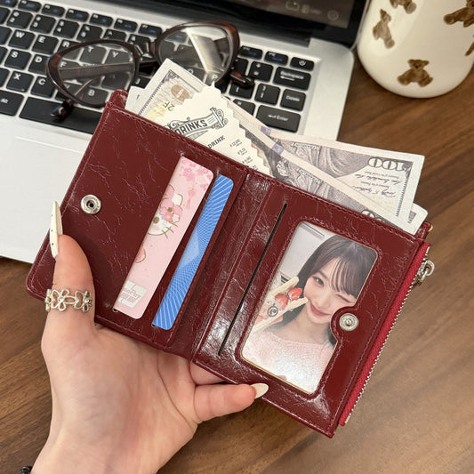 Retro Oil Wax Skin Red Short Wallet Female Multi-Card-Slot Card Holder Student Zipper Multifunctional Wallet