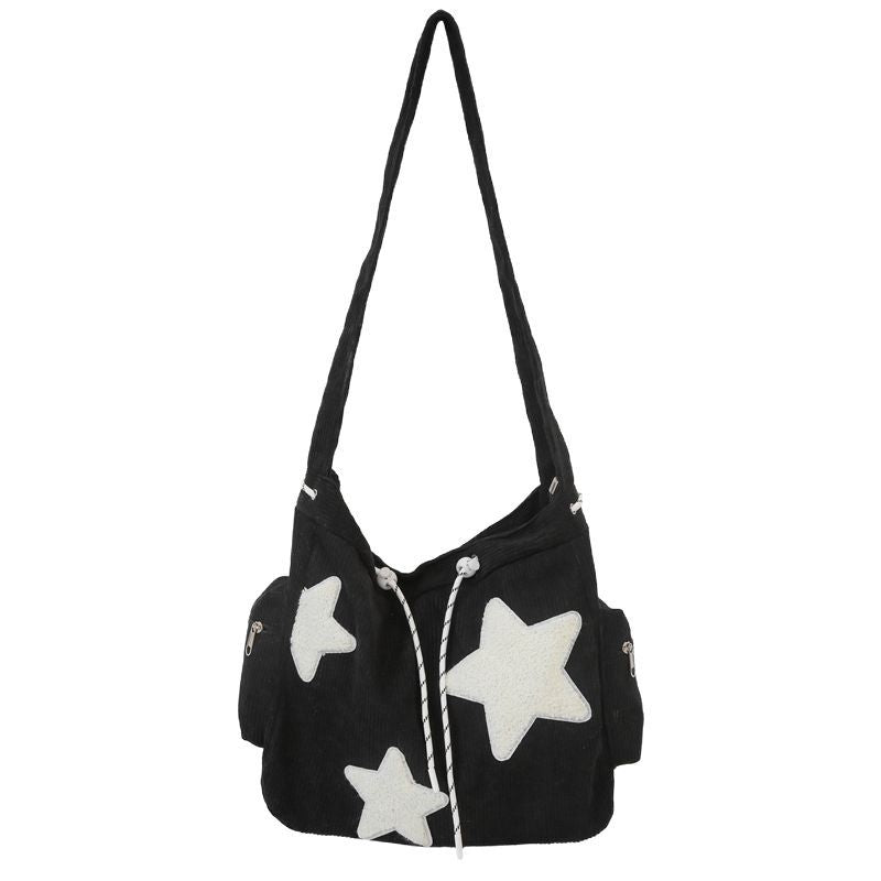 Cute Star-Embellished Corduroy Tote Bag for Women, Casual Daily Shoulder Bag with Zipper Pocket and Soft Design