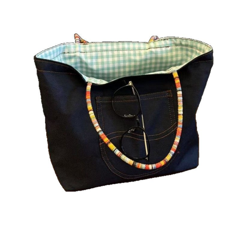 Denim Crossbody Tote Bag with Beaded Straps and Checker Lining, Stylish Everyday Shoulder Bag for Women